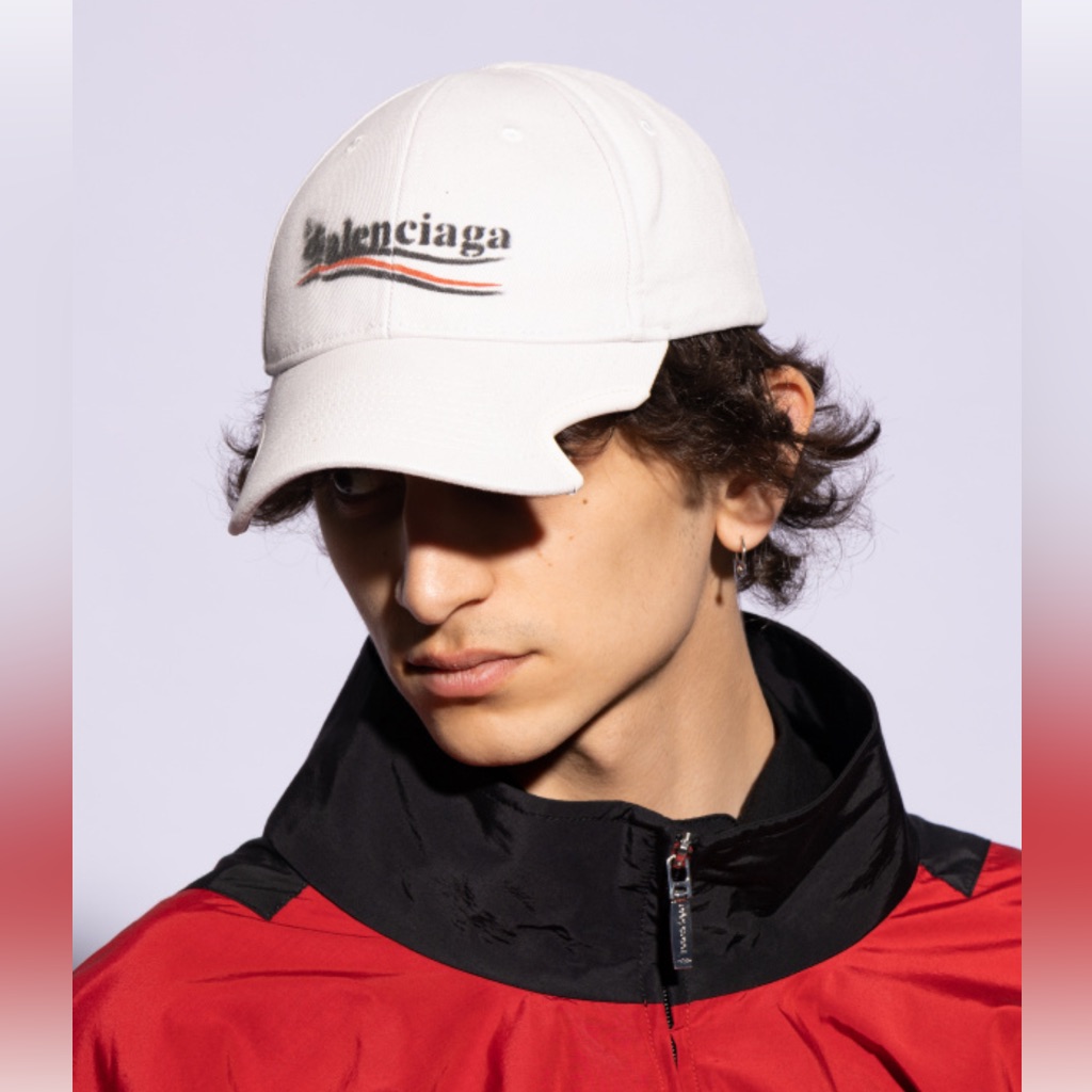 Balenciaga Political Stencil Cap In Off White And Black Cotton Drill Medium New